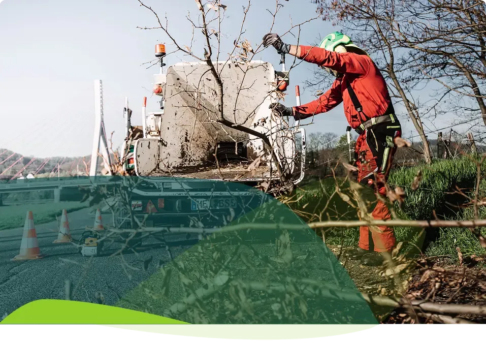 Ein Arbeiter in Schutzkleidung füllt Äste in eine Holzhackmaschine am Straßenrand, während im Hintergrund Verkehrsleitkegel und eine Brücke zu sehen sind. Einige Äste und eine grüne Grafik überlagern den unteren Teil des Bildes.